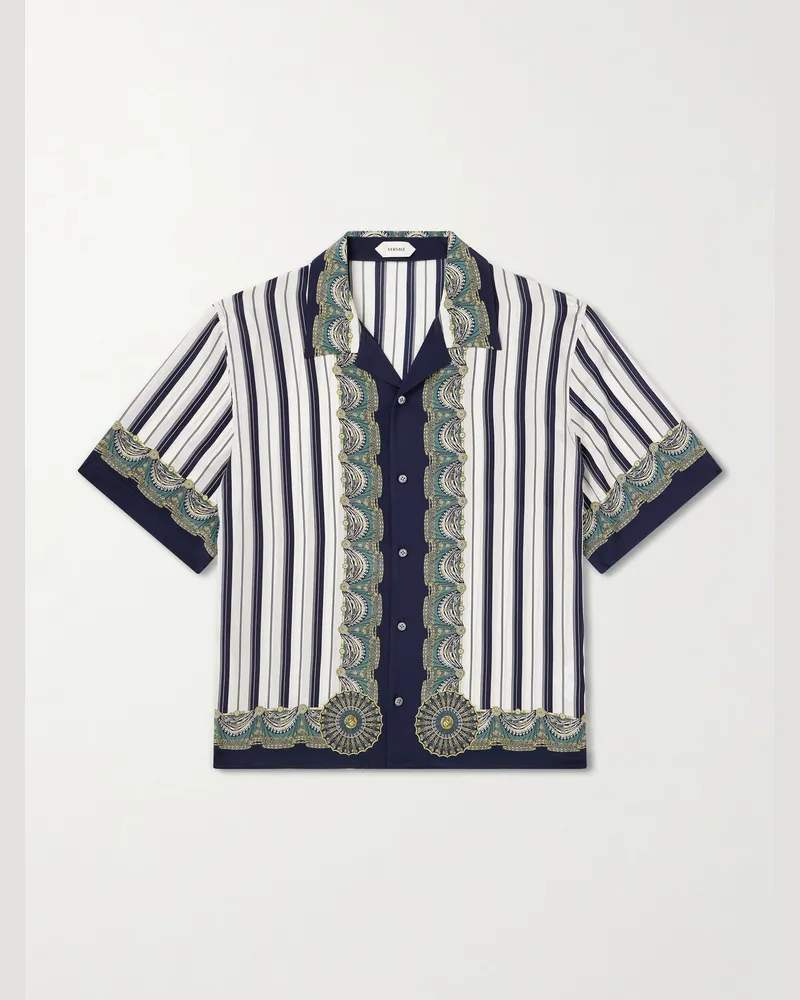 Versace Striped Silk-Crepe de Chine Shirt Blue