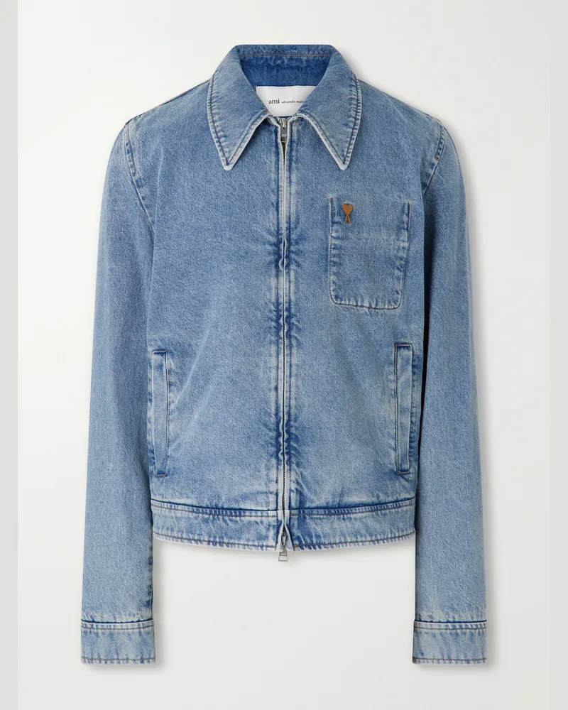AMI Paris Logo-Embroidered Washed-Denim Jacket Blue