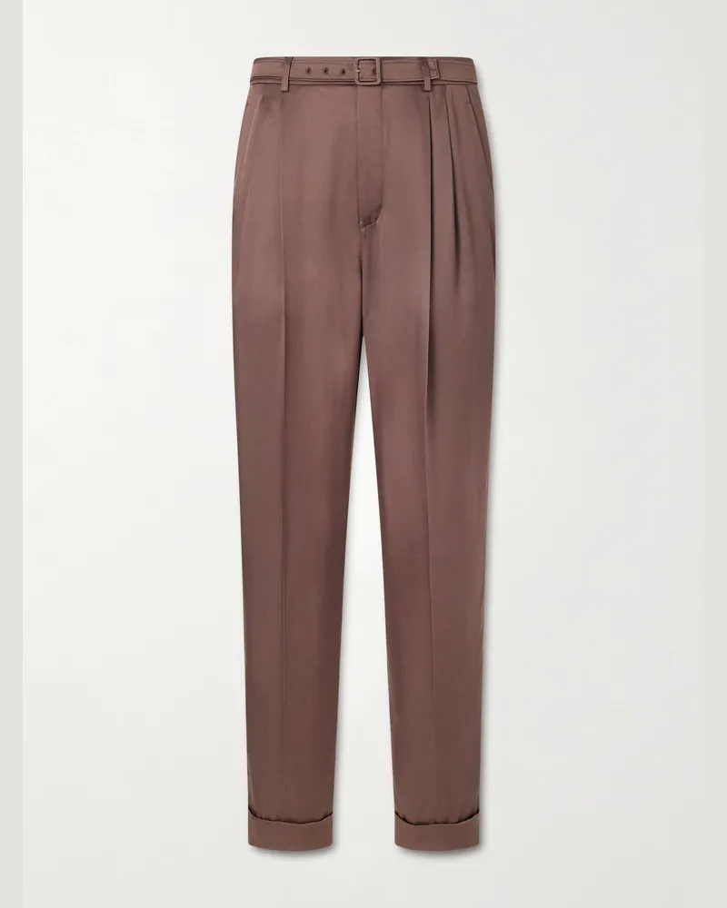 Saint Laurent Schmal zulaufende Hose aus Seidensatin mit Gürtel Braun