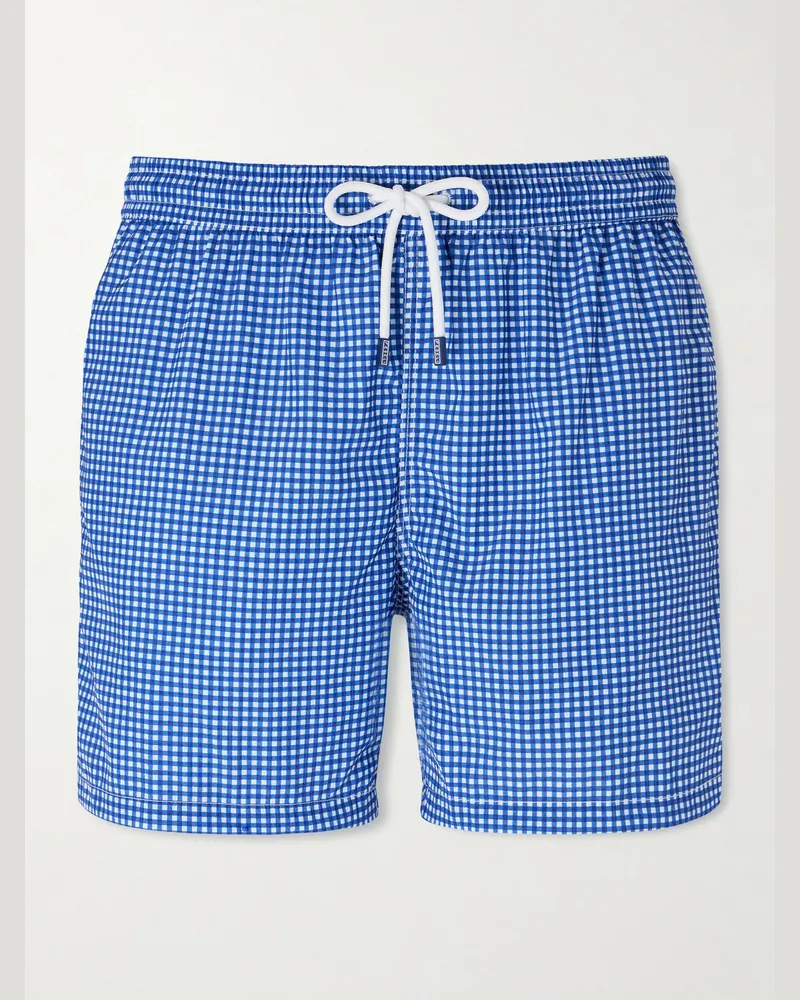 Fedeli Madeira Straight-Leg Mid-Length Gingham Seersucker Swim Shorts Blue