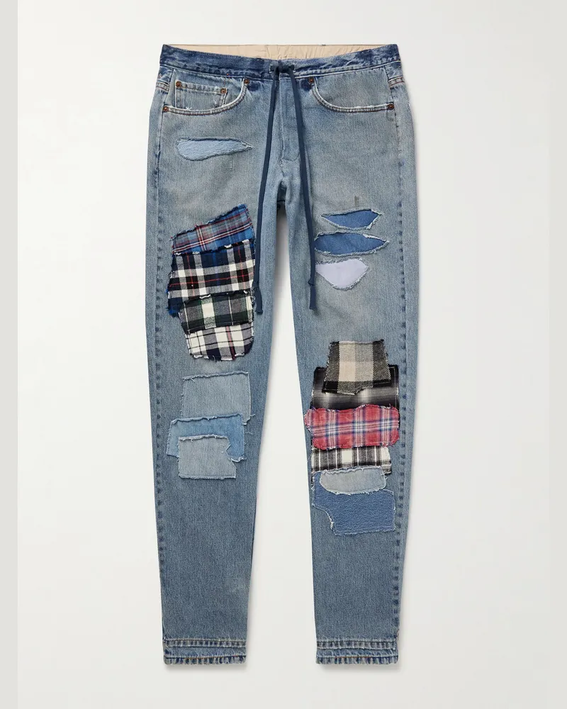 Greg Lauren Slim-Fit Tapered Flannel Patchwork Jeans Blue