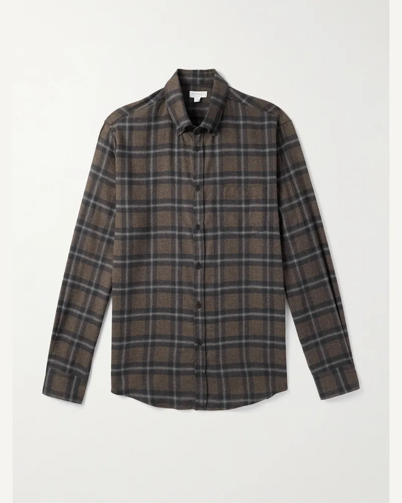 Sunspel Hemd aus gebürstetem Baumwollflanell mit Button-Down-Kragen und Karomuster Braun