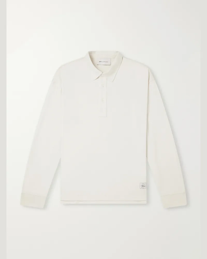 AMI Paris Logo-Appliquéd Cotton-Jersey Polo Shirt Neutrals