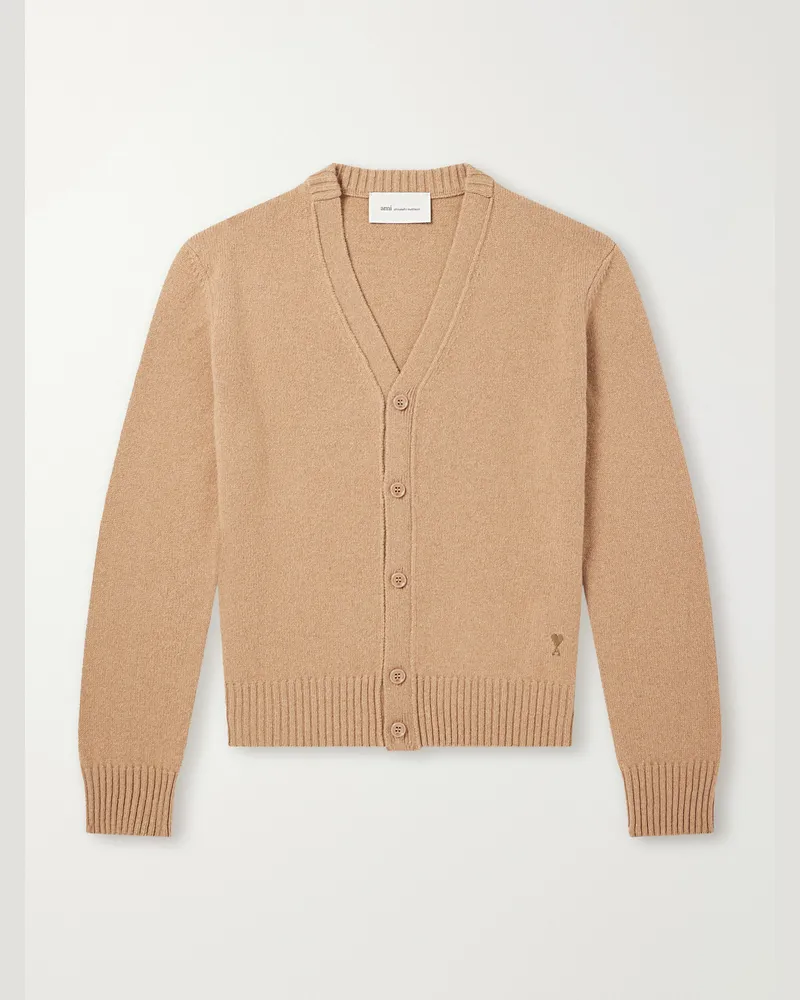 AMI Paris Logo-Embroidered Cashmere and Wool-Blend Cardigan Brown