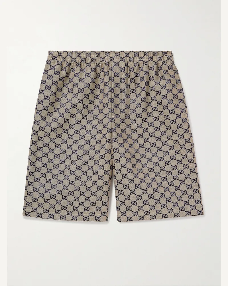 Gucci Wide-Leg Monogrammed Linen-Blend Jacquard Shorts Brown