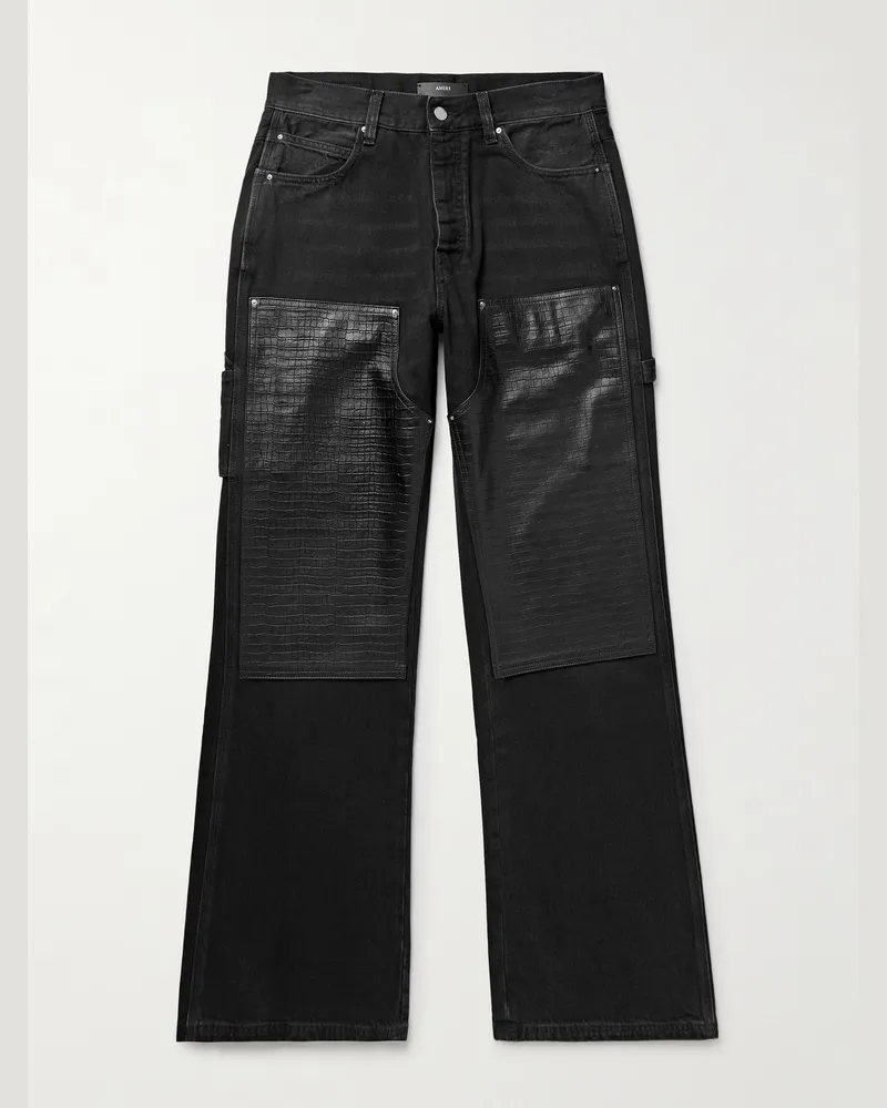 Amiri Carpenter Straight-Leg Croc-Effect Leather-Trimmed Jeans Black