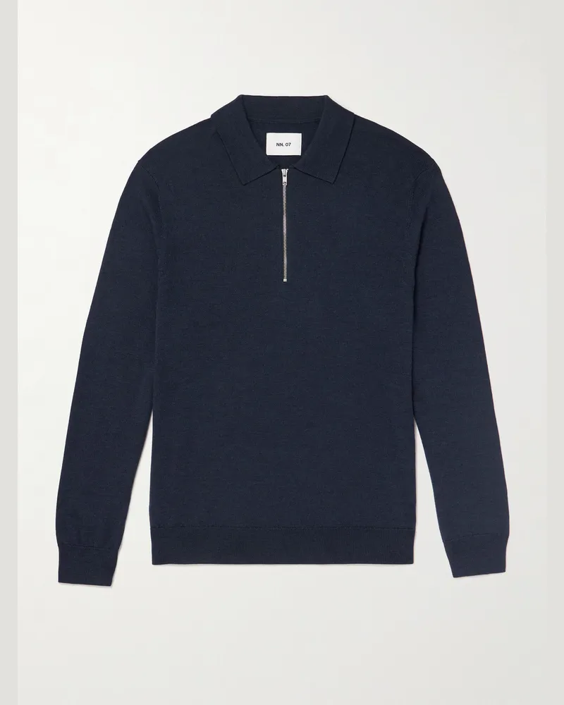 NN 07 Sergio 6605 Pullover aus Merinowolle mit Polokragen und kurzem Reißverschluss Blau