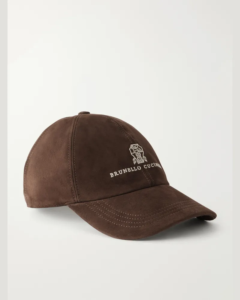Brunello Cucinelli Logo-Embroidered Suede Cap Brown
