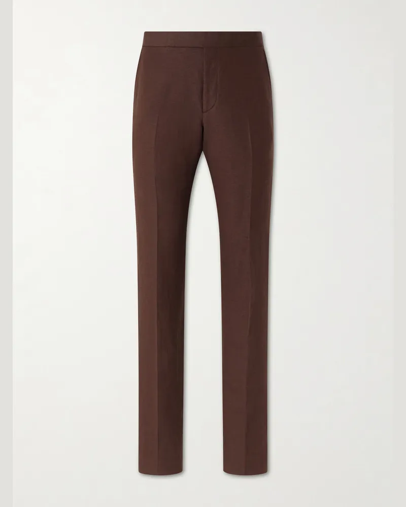 Ralph Lauren Straight-Leg Silk and Linen-Blend Suit Trousers Brown