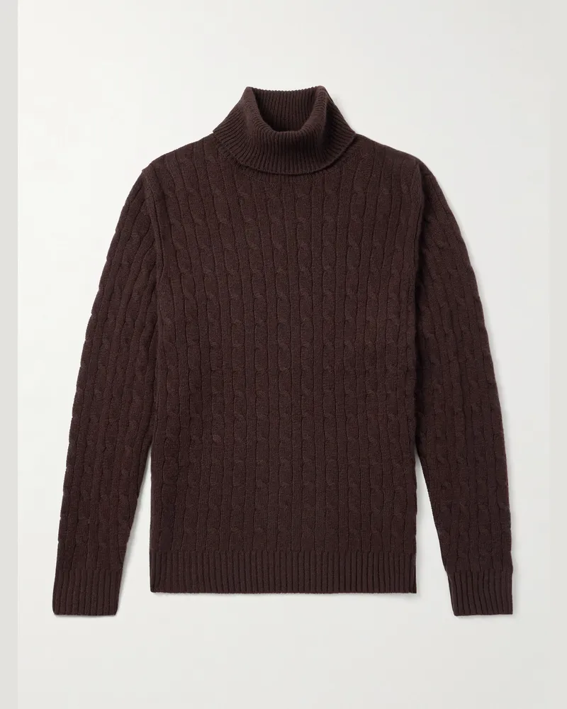 ALLUDE Slim-Fit Cable-Knit Cashmere-Blend Rollneck Sweater Brown
