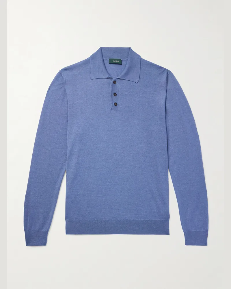 Incotex Zanone Pullover aus einer Kaschmir-Seidenmischung mit Polokragen Blau