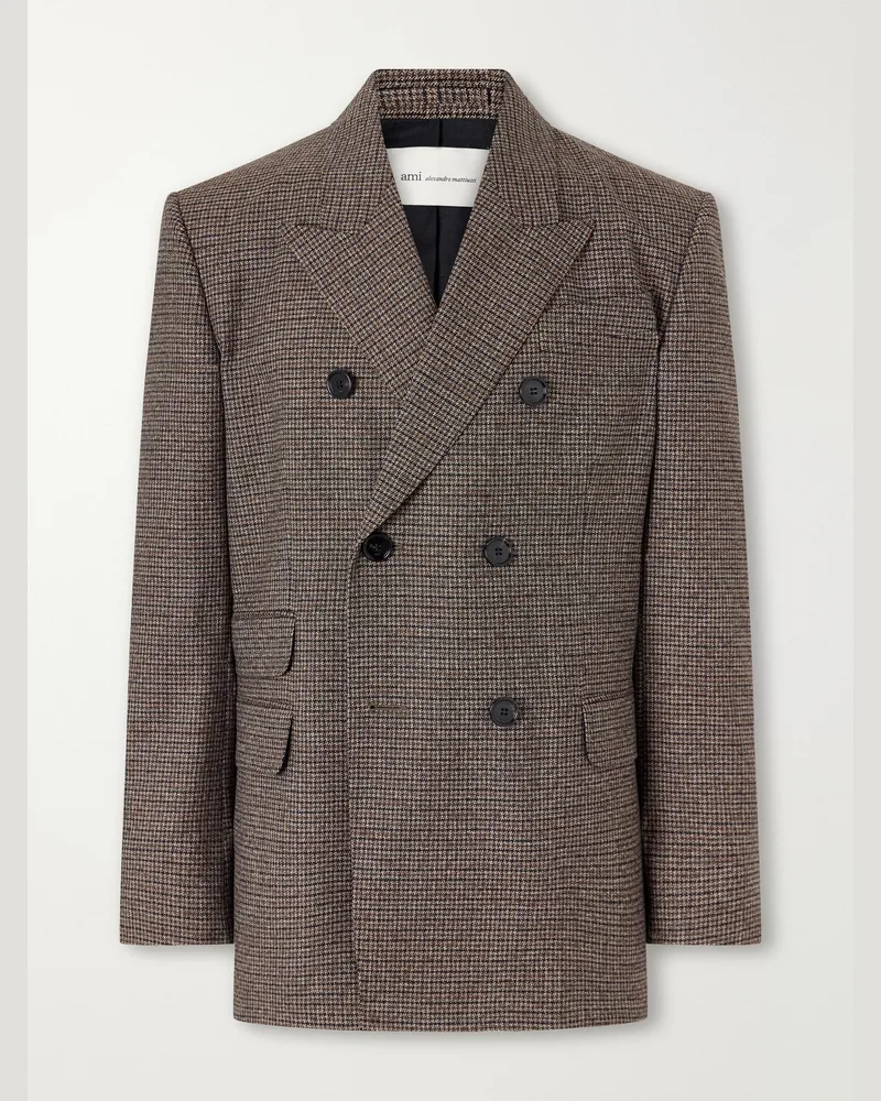 AMI Paris Double-Breasted Houndstooth Virgin Wool Blazer Brown