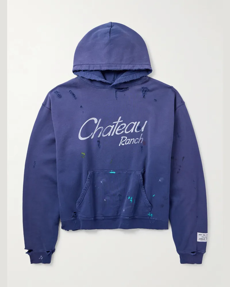 GALLERY DEPT. Chateau Ranch Hoodie aus Supima®-Baumwoll-Jersey mit Logoprint und Farbspritzern in Distressed-Optik Blau