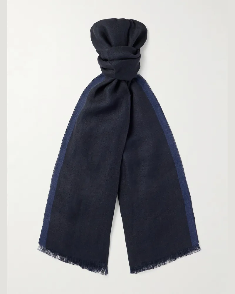Brunello Cucinelli Fringed Striped Linen Scarf Blue