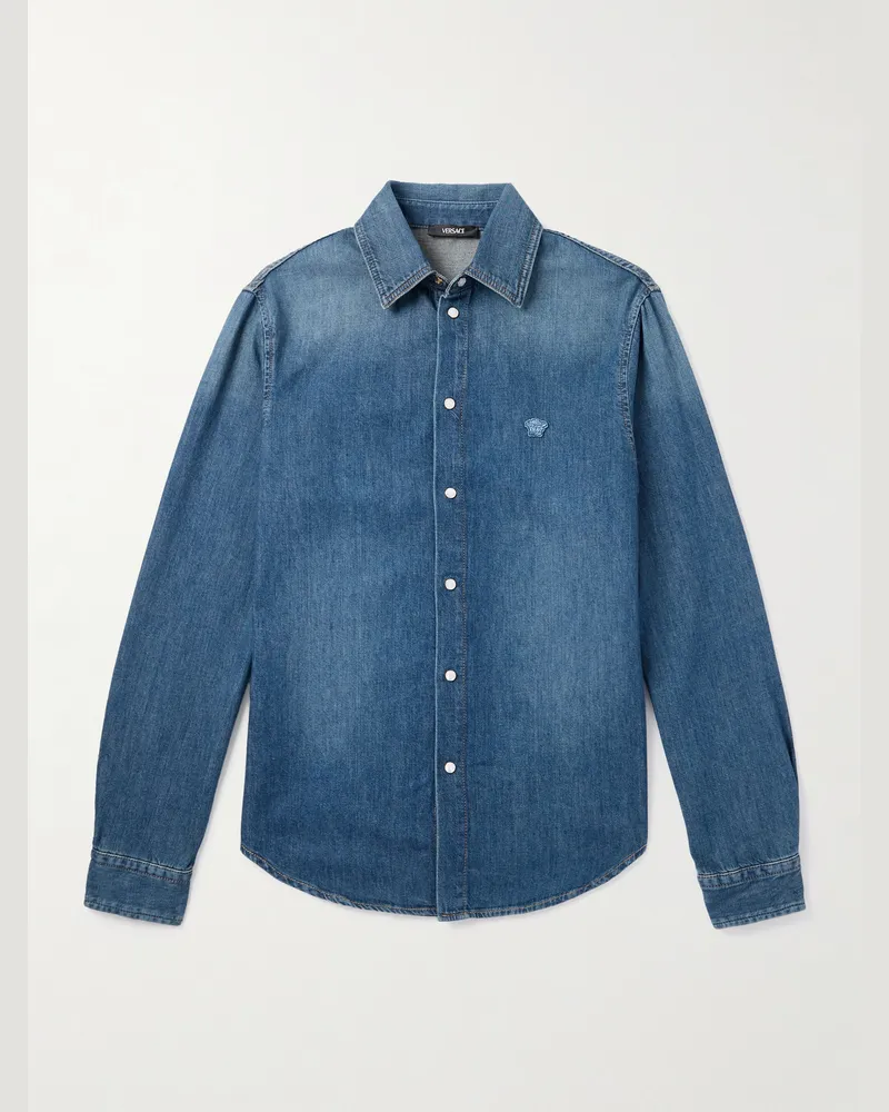 Versace Logo-Appliquéd Denim Shirt Blue