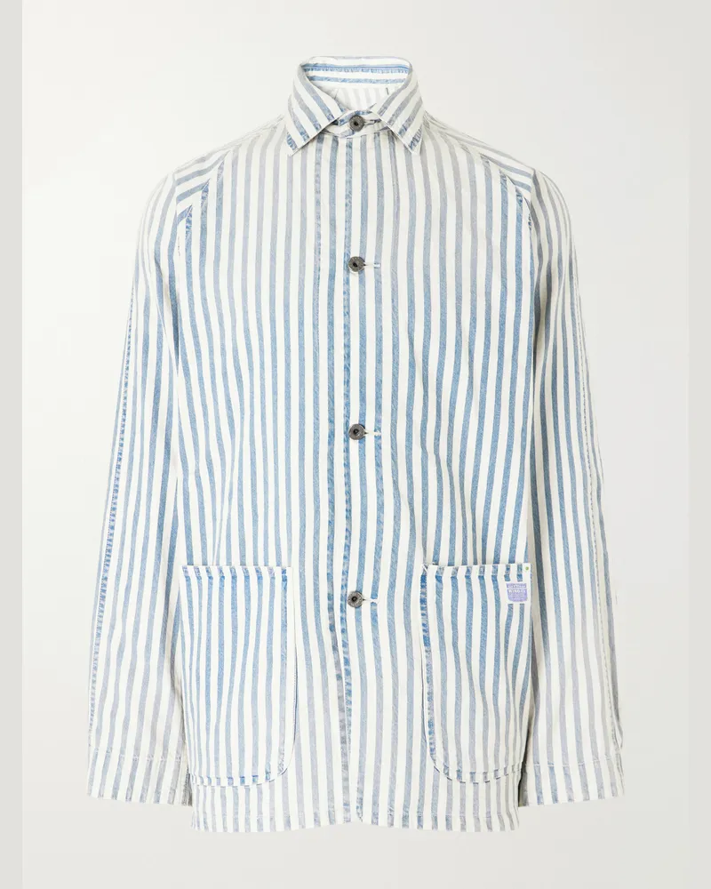 KAPITAL Logo-Appliquéd Striped Cotton-Twill Overshirt Blue