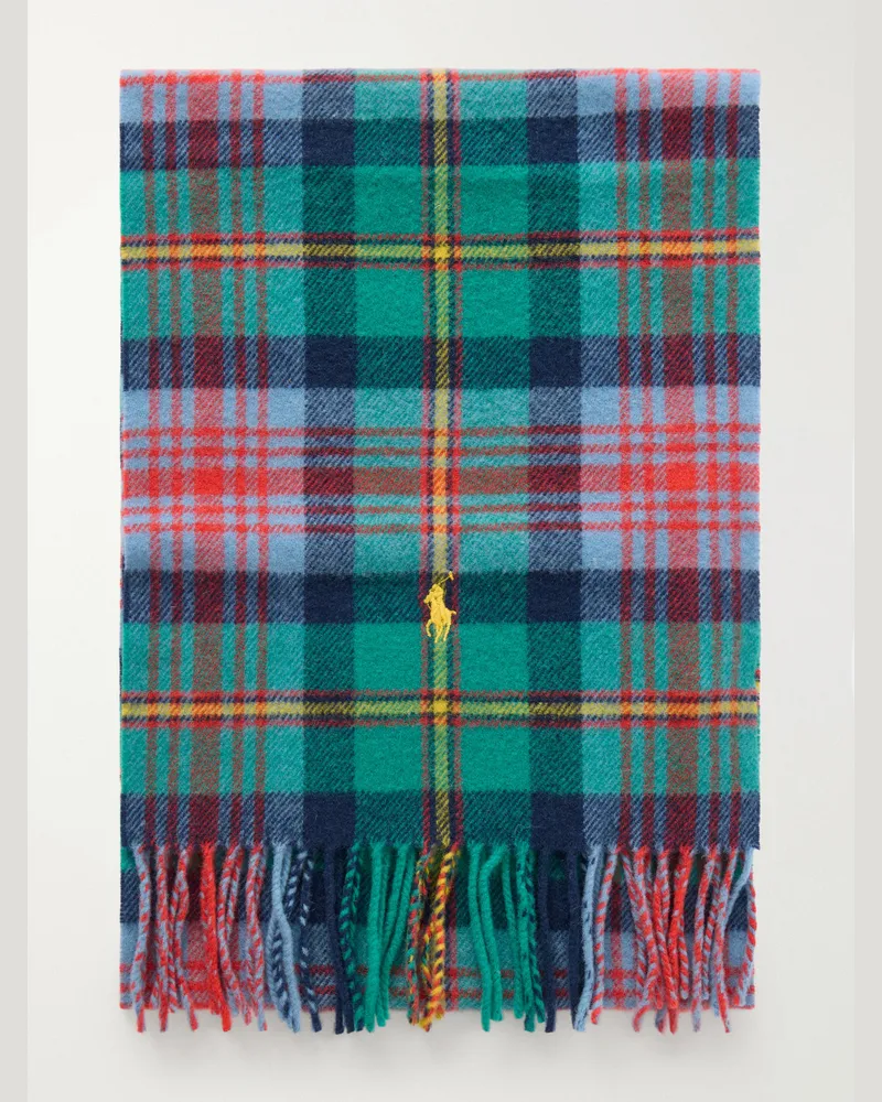 Ralph Lauren Fringed Logo-Embroidered Checked Recycled Wool-Blend Scarf Green