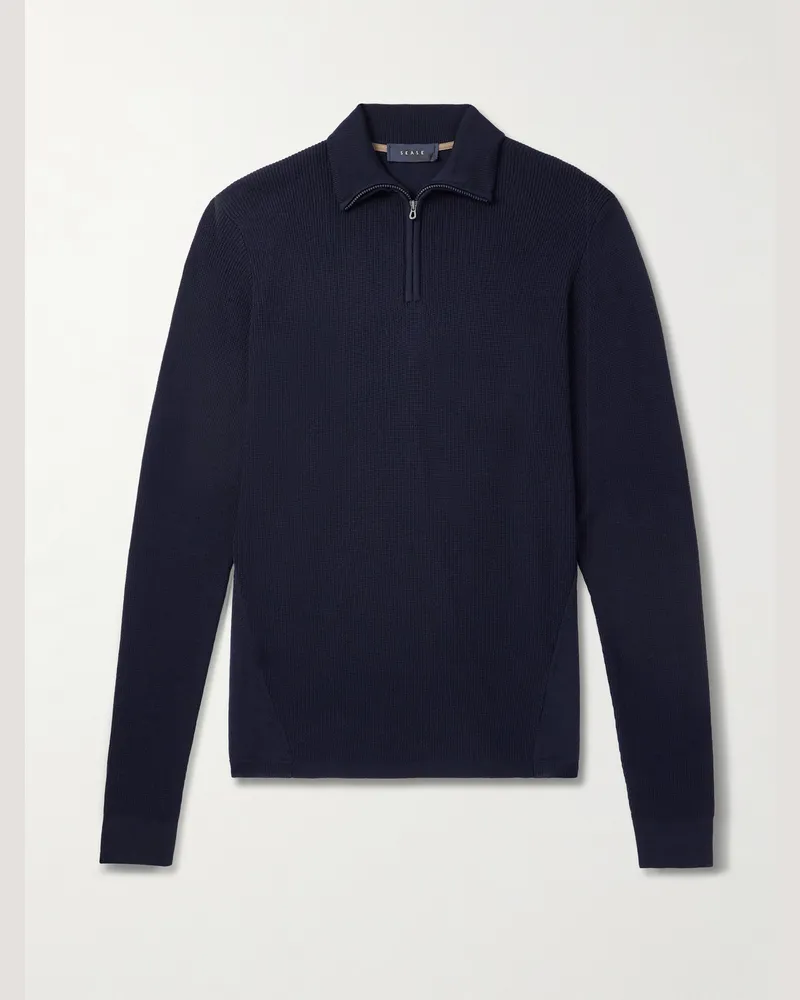 SEASE Waffle-Knit Virgin Wool Half-Zip Sweater Blue