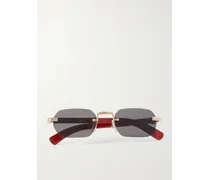 Rahmenlose Sonnenbrille mit Holzbügeln und goldfarbenen Details