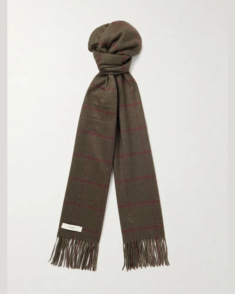PURDEY Logo-Embroidered Frayed Prince of Wales Checked Cashmere Scarf Green