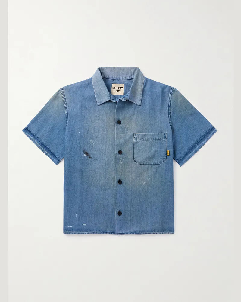 GALLERY DEPT. Bartz Paint-Splattered Embroidered Cotton-Chambray Shirt Blue