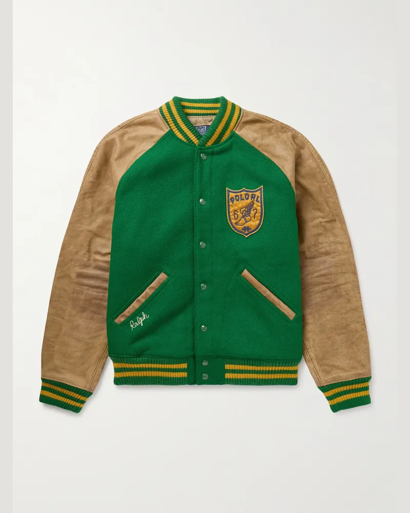 Ralph Lauren Collegejacke aus Leder und einer Wollmischung mit Logoapplikation und Stickerei Grün