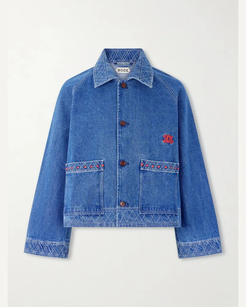 BODE Embroidered Merino Wool-Blend Denim Jacket Blue