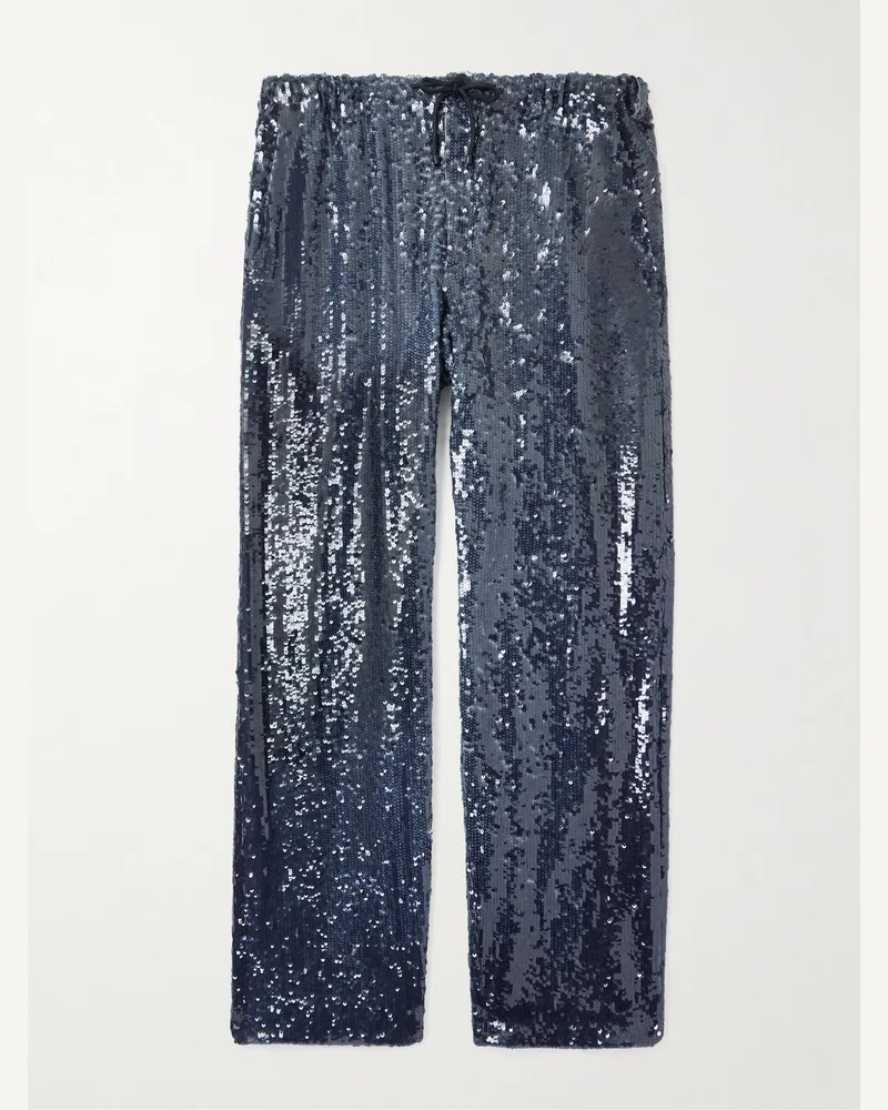 Dries van Noten Wide-Leg Sequinned Crepe Drawstring Trousers Blue
