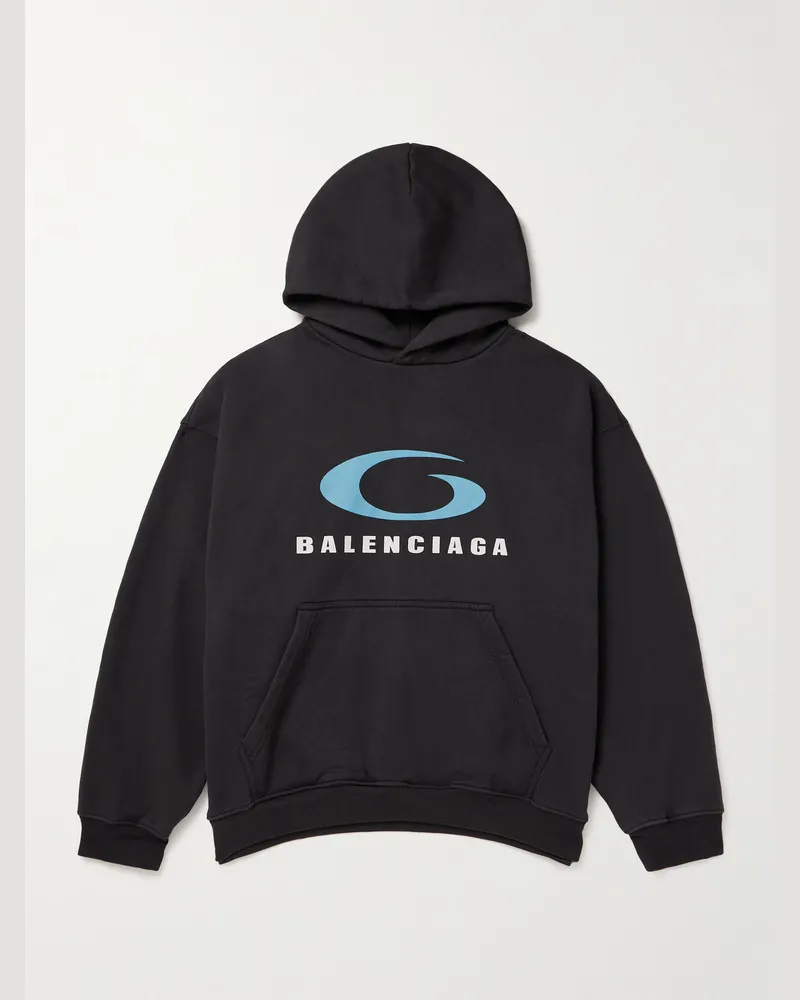 Balenciaga Oversized Logo-Print Cotton-Jersey Hoodie Black
