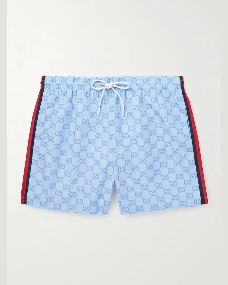 Gucci Slim-Fit Mid-Length Logo-Print Striped Swim Shorts Blue