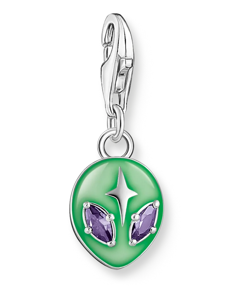Thomas Sabo Damen Charm-Anhänger Alienkopf mit grüner Kaltemaille und Steinen Silber, Sterlingsilber, Charm Club Collection Grün