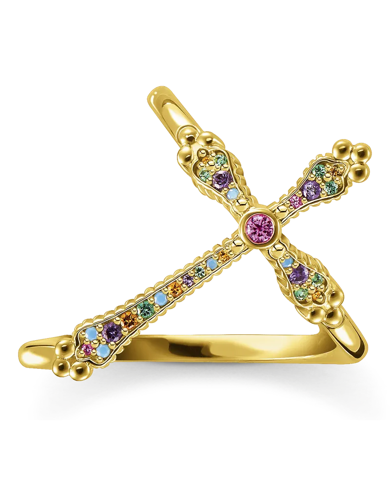 Thomas Sabo Damen Ring Royalty Kreuz gold farbige Steine, Sterlingsilber Gelbgold vergoldet Gelbgoldfarben