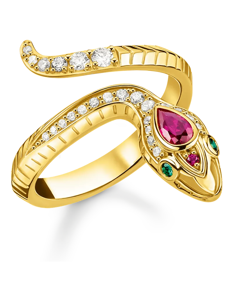 Thomas Sabo Damen Ring Schlange gold, 925 Sterlingsilber vergoldet Gelbgold/ Glas-Keramik Stein/ synthetischer Korund/ Zirkonia Gelbgoldfarben
