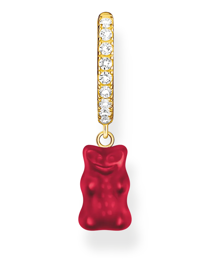 Thomas Sabo Damen Einzel-Creole mit rotem Goldbären-Anhänger und Steinen vergoldet, Sterlingsilber Gelbgold vergoldet Gelbgoldfarben