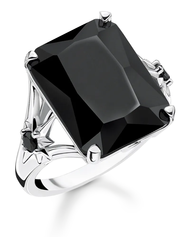 Thomas Sabo Damen Ring mit großem schwarzen Stein und Sterne Silber, Sterlingsilber Schwarz