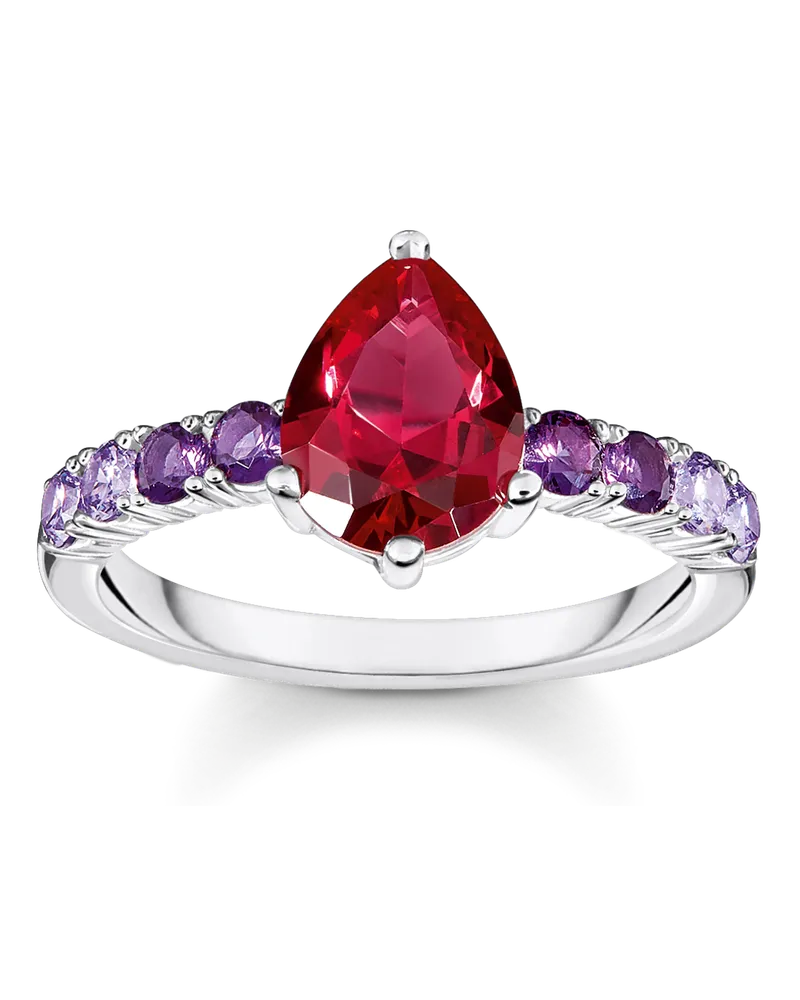 Thomas Sabo Damen Solitärring mit tropfenförmigen roten Stein Silber, 925 Sterlingsilber/ Glas-Keramik Stein/ synthetischer Korund/ Zirkonia Rot