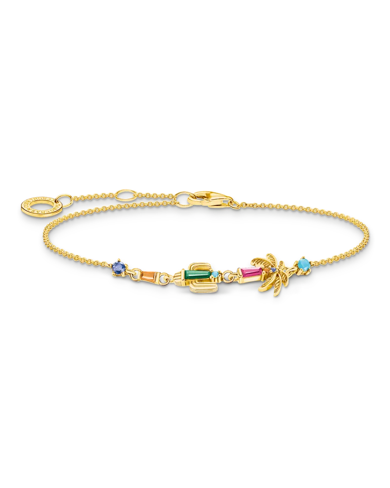 Thomas Sabo Damen Armband mit Palme, Kaktus und bunten Steinen vergoldet, 925 Sterlingsilber vergoldet Gelbgold/ Glas-Keramik Stein/ synthetischer Korund/ Zirkonia, Charming Collection Blau