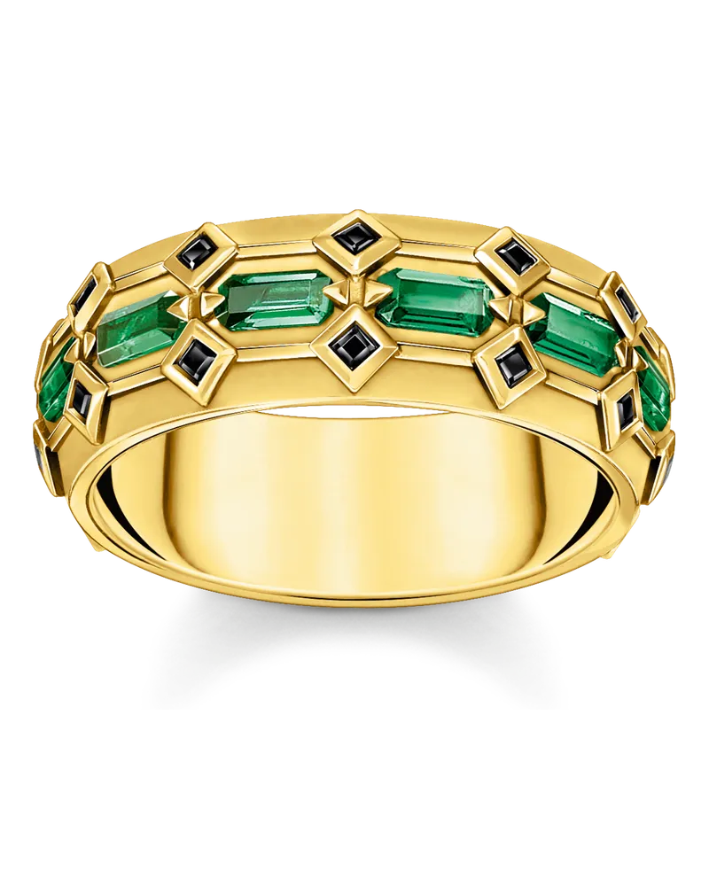 Thomas Sabo Herren Ring Krokodilpanzer breit mit smaragdgrünen Steinen vergoldet, Sterlingsilber Gelbgold vergoldet Gelbgoldfarben