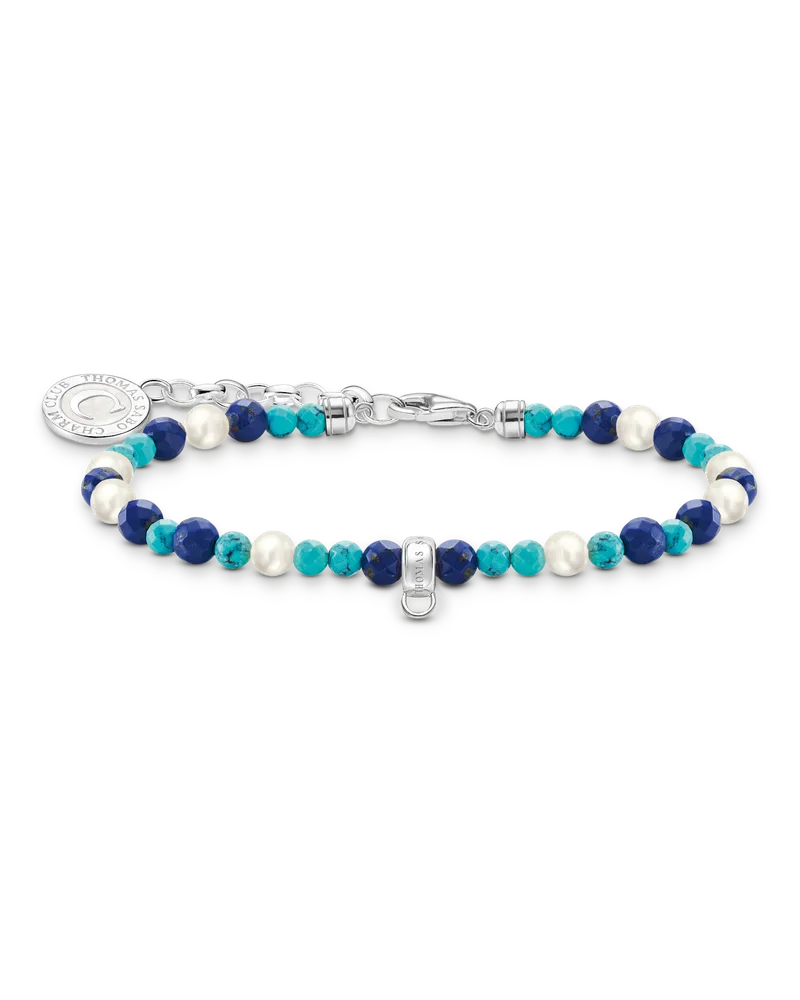 Thomas Sabo Damen Charm-Armband mit weißen Perlen und blauen Beads Silber, Sterlingsilber, Charm Club Collection Dunkelblau