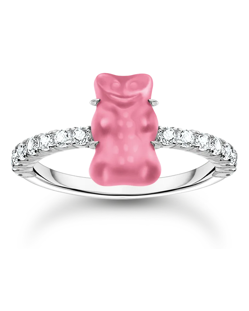 Thomas Sabo Damen Ring mit pinkem Mini-Goldbären und Steinen Silber, Sterlingsilber / Glas Pink