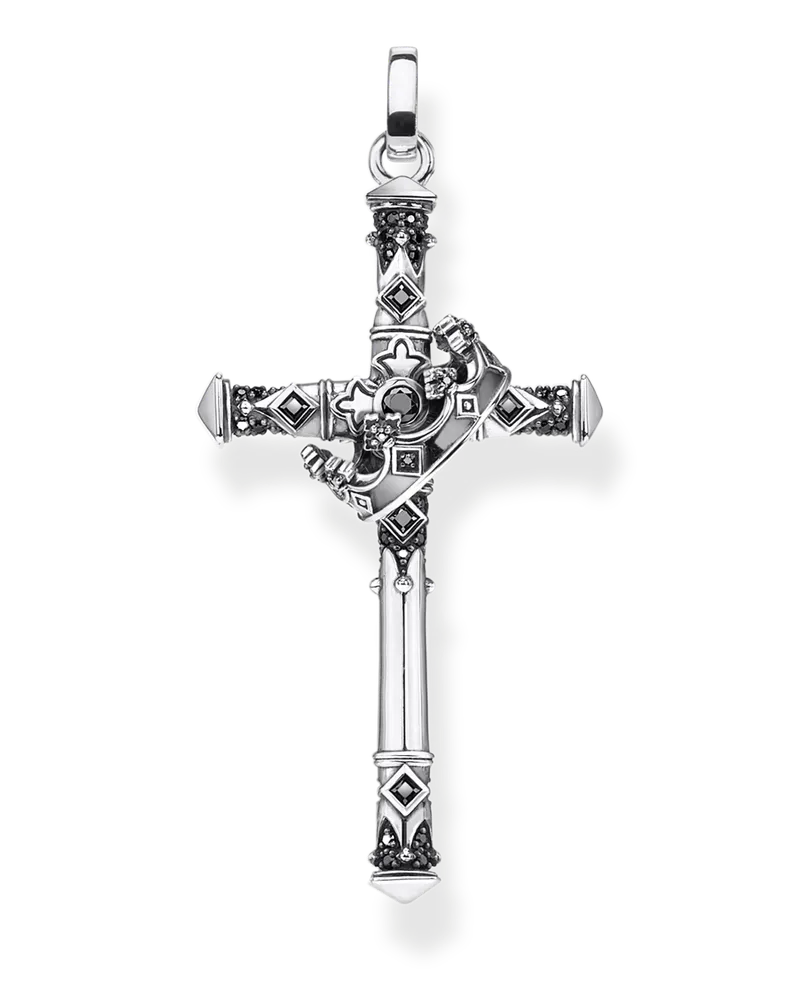 Thomas Sabo Herren Anhänger Kreuz und Krone, Sterlingsilber Schwarz