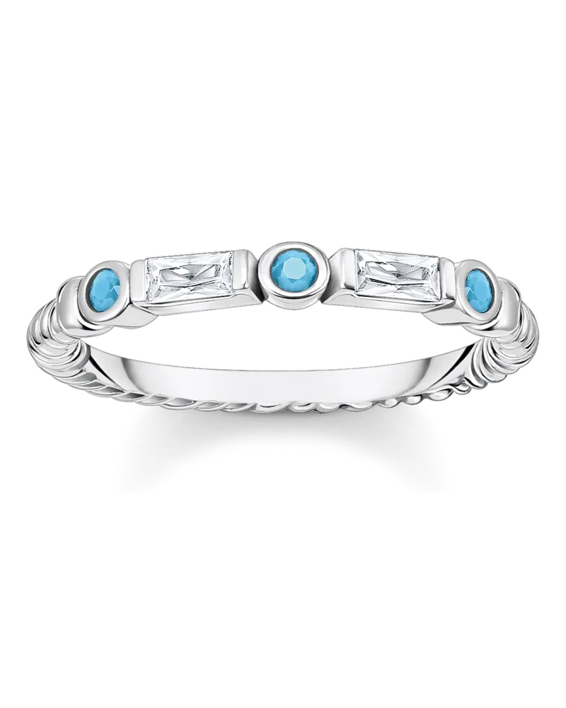 Thomas Sabo Damen Bandring Kordel mit türkisen und weißen Steinen Silber, 925 Sterlingsilber geschwärzt/ Glas-Keramik Stein/ Zirkonia Silberfarben