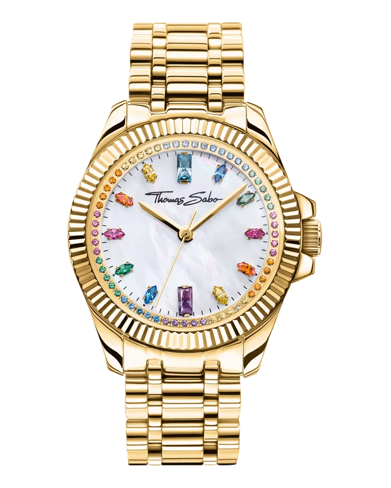 Thomas Sabo Damen Damenuhr Divine Rainbow mit bunten Steinen gelbgoldfarben, Edelstahl Gelbgoldfarben