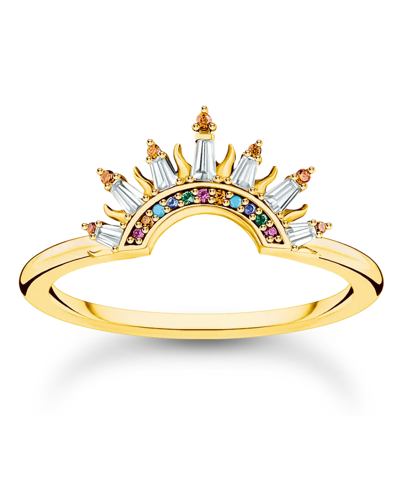 Thomas Sabo Damen Ring mit Sonnenstrahlen und bunten Steinen vergoldet, 925 Sterlingsilber vergoldet Gelbgold/ Glas-Keramik Stein/ synthetischer Korund/ Zirkonia, Charming Collection Blau
