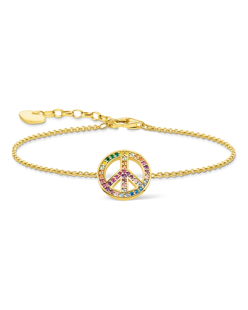 Thomas Sabo Damen Armband mit Peace-Zeichen und bunten Steinen vergoldet, Sterlingsilber Gelbgold vergoldet Blau