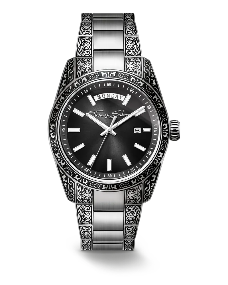 Thomas Sabo Herren Uhr Rebel at Heart Revive 40mm Edelstahl Schwarz, Gravur-Design, Edelstahl Schwarz