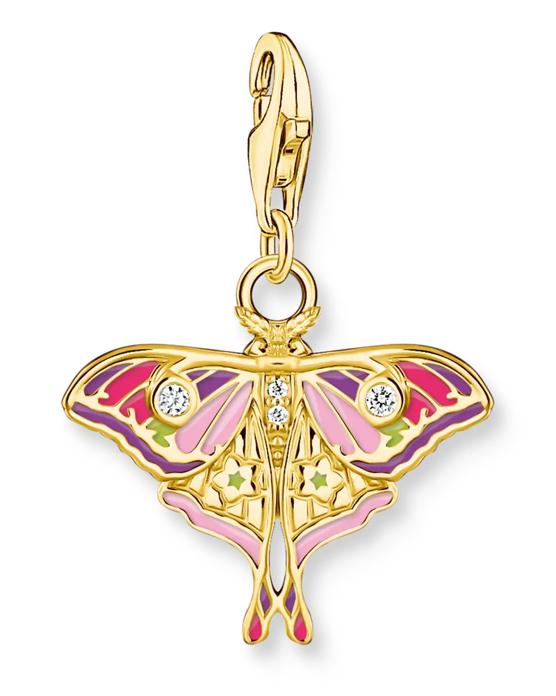 Thomas Sabo Damen Charm-Anhänger bunter Nachtfalter vergoldet, Sterlingsilber Gelbgold vergoldet, Charm Club Collection Fuchsia