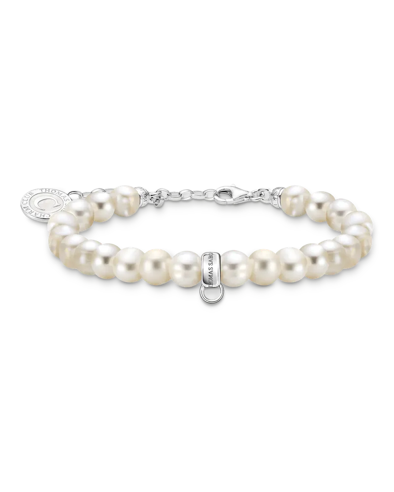 Thomas Sabo Damen Charm-Armband mit weißen, ovalen Perlen Silber, Sterlingsilber, Charm Club Collection Silberfarben
