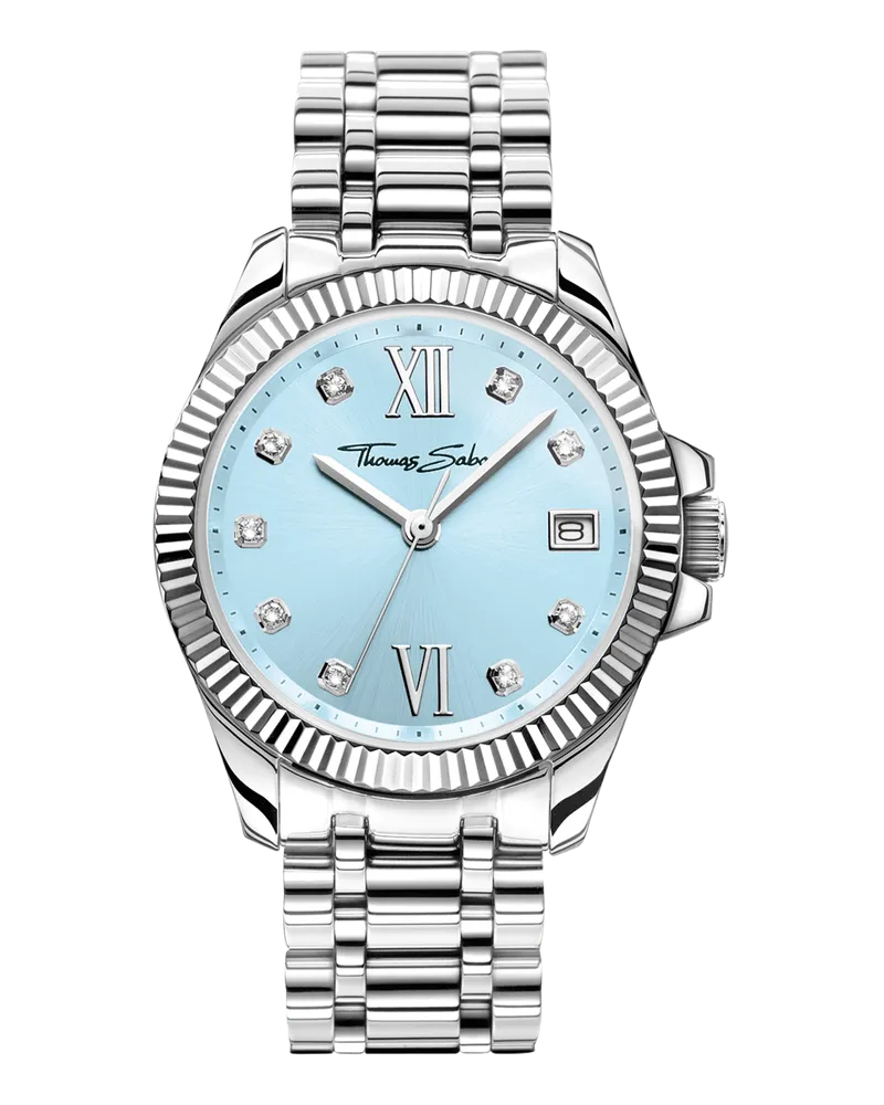 Thomas Sabo Damen Damenuhr Divine Blue mit hellblauem Zifferblatt und weißen Steinen Silber, Edelstahl Blau