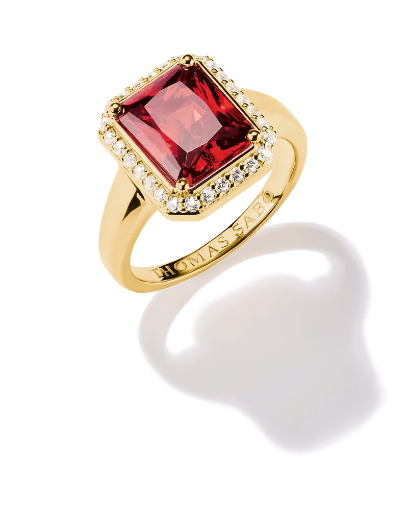 Thomas Sabo Damen Ring mit Rotem Oktagon-Stein 18k Vergoldung, Sterlingsilber Gelbgold vergoldet Gelbgoldfarben